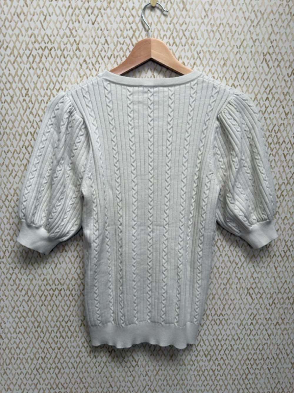 Elie Tahari Cream Cable Knit Puff Sleeve Top Balletcore Preppy Coquette Sz M - Picture 8 of 11